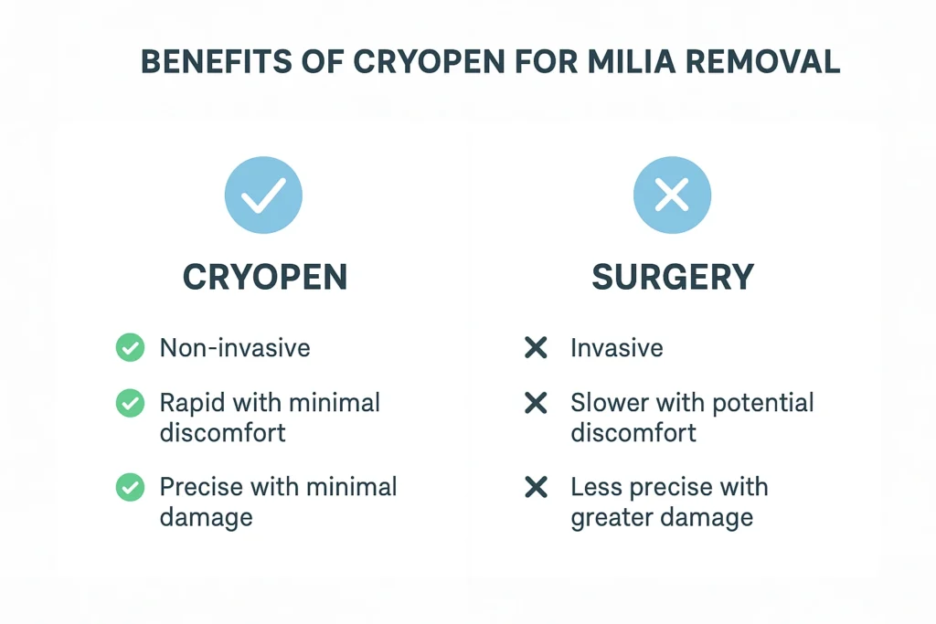 Benefits of cryopen for milia removal Twickenham compared to surgical treatments.