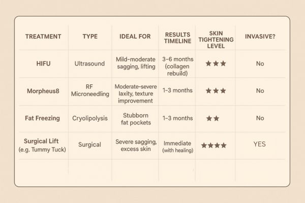 Table showing the comparisons of Skin tightening Twickenham treatment options.